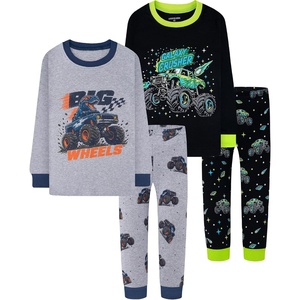 DAUGHTER QUEEN Boys Pajamas 4 Pieces Long Set 100% Cotton Sleepwear Size 18 Months-12 Years(4pcs-grey/Black-monster Truck-lba26)