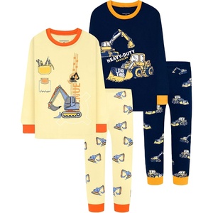 DAUGHTER QUEEN Boys Pajamas 4 Pieces Long Set 100% Cotton Sleepwear Size 18 Months-12 Years(4pcs-nany/Yellow-construction-lbb25)