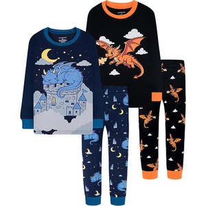 DAUGHTER QUEEN Boys Pajamas 4 Pieces Long Set 100% Cotton Sleepwear Size 18 Months-12 Years(4pcs-navy/Black-dragon-lba26)