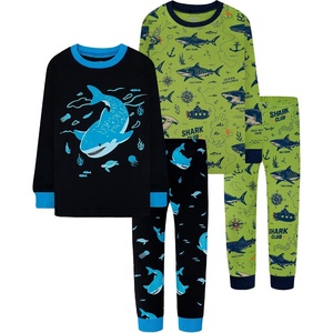 DAUGHTER QUEEN Boys Pajamas 4 Pieces Long Set 100% Cotton Sleepwear Size 18 Months-12 Years(4pcs-navy/Green-shark-lba26)