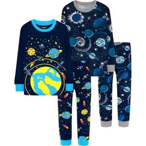 DAUGHTER QUEEN Boys Pajamas 4 Pieces Long Set 100% Cotton Sleepwear Size 18 Months-12 Years(4pcs-navy-space-lba25)