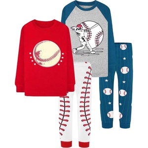 DAUGHTER QUEEN Boys Pajamas 4 Pieces Long Set 100% Cotton Sleepwear Size 18 Months-12 Years(4pcs-red/Navy-baseball-lba24)