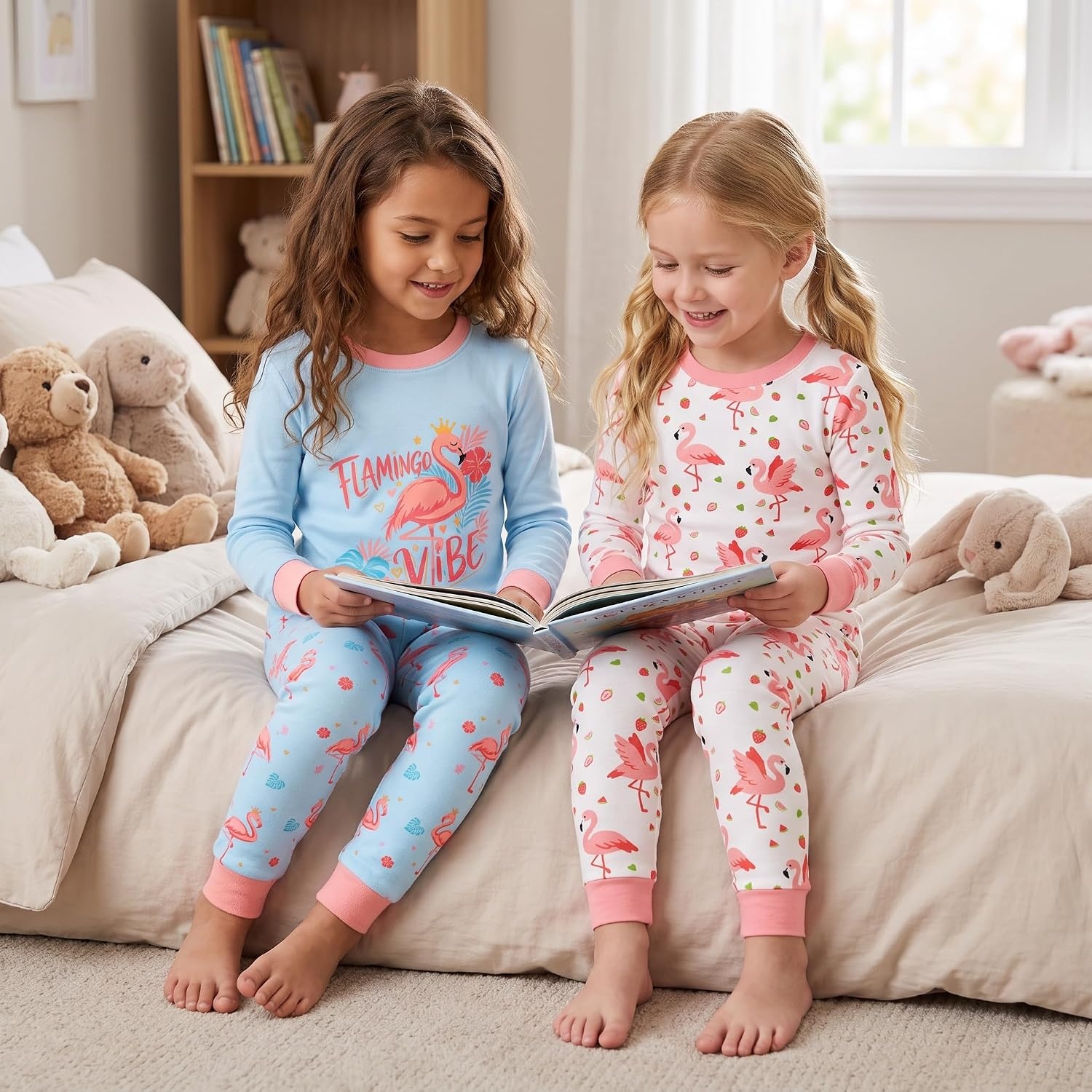 image:imageDAUGHTER QUEEN Girls 4 Pieces Cotton Pajamas Size 18 Months12 Years4pcsblueBeigeflamingolga26