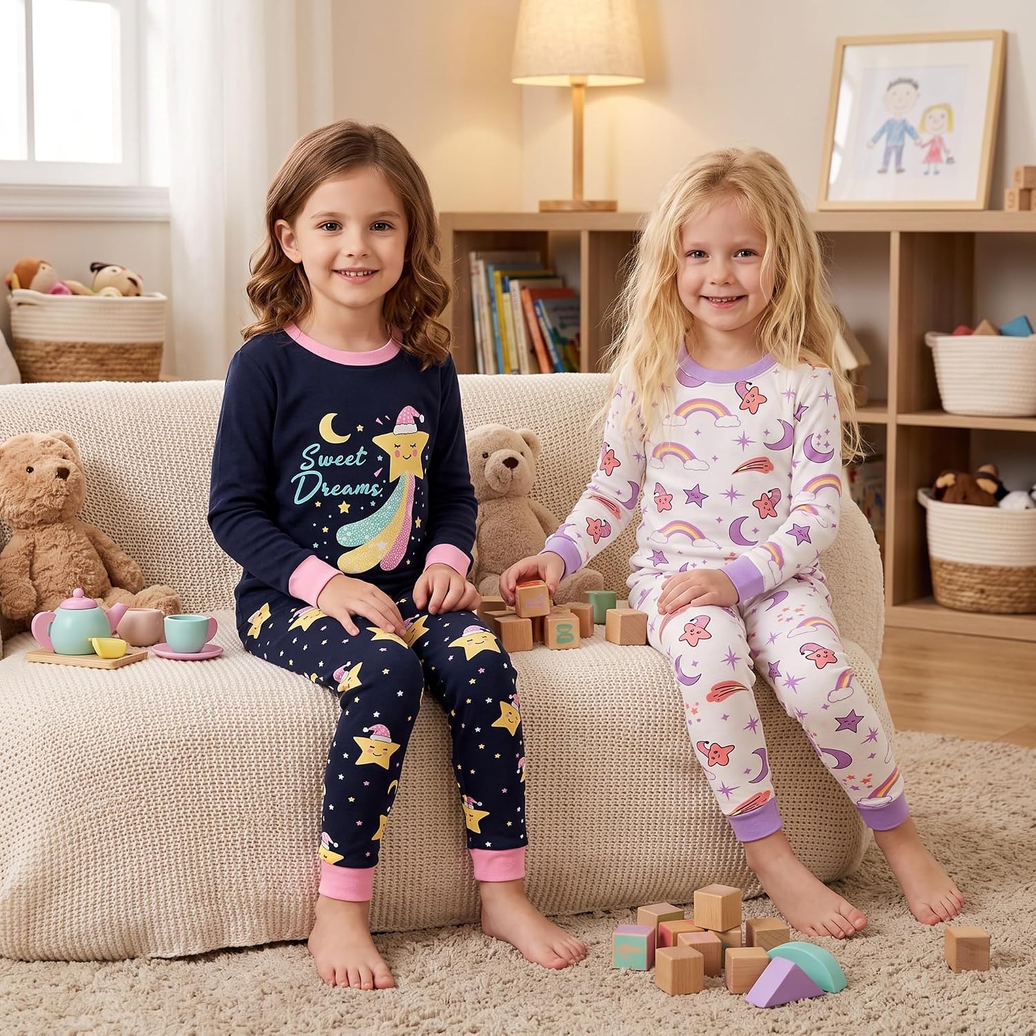 image:imageDAUGHTER QUEEN Girls 4 Pieces Cotton Pajamas Size 18 Months12 Years4pcsblueBeigestarlga26