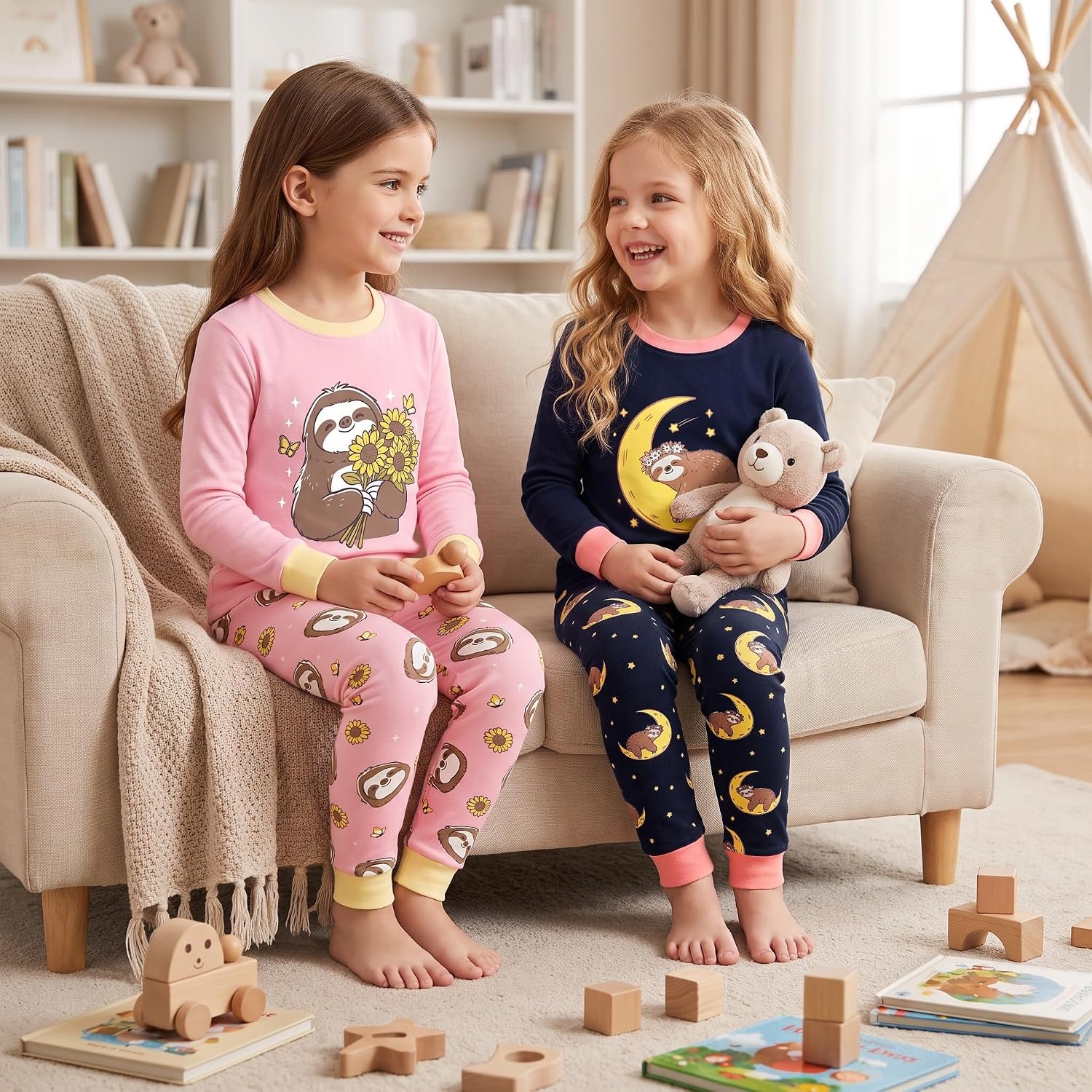 image:imageDAUGHTER QUEEN Girls 4 Pieces Cotton Pajamas Size 18 Months12 Years4pcsbluePinkslothlga26