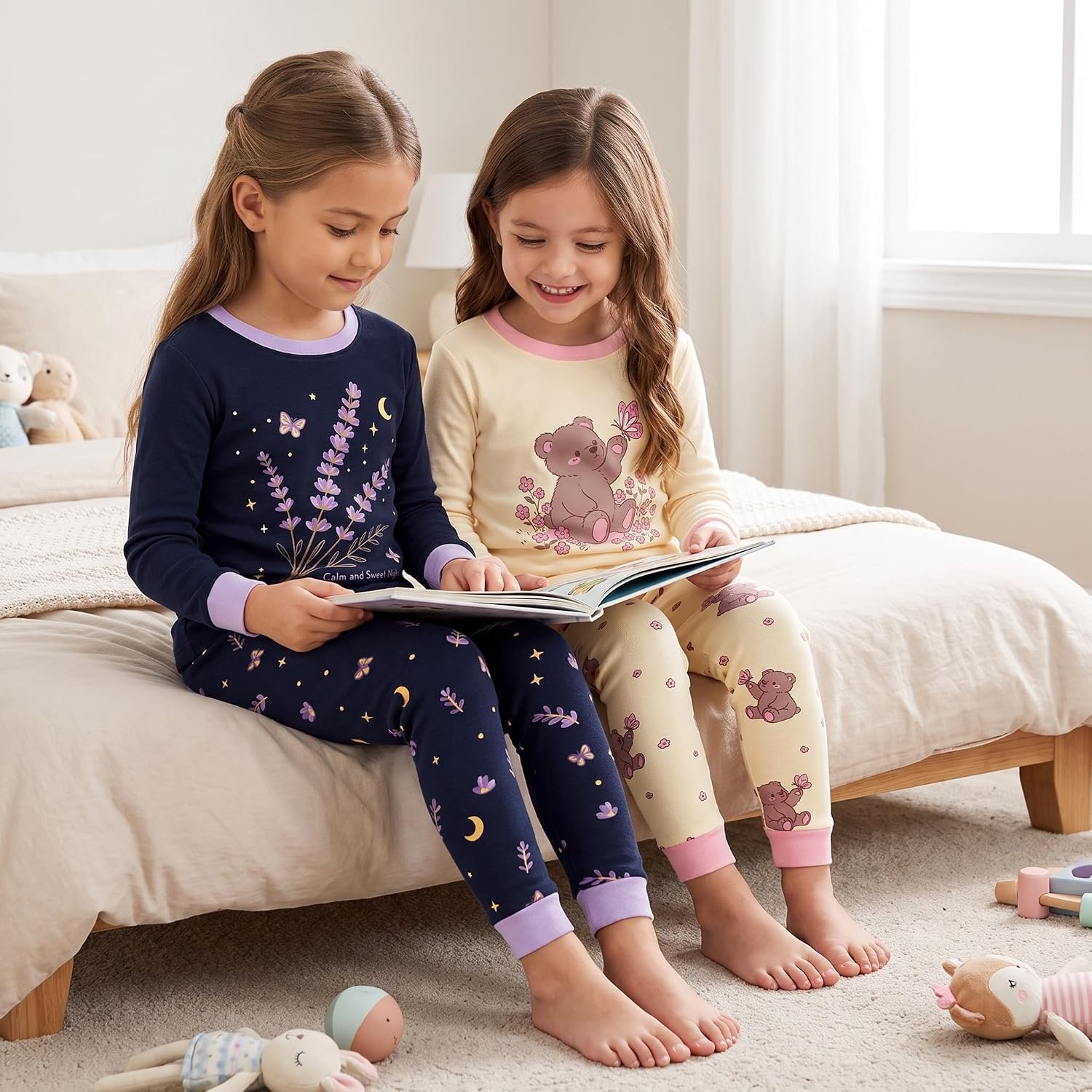 image:imageDAUGHTER QUEEN Girls 4 Pieces Cotton Pajamas Size 18 Months12 Years4pcsblueYellowflowerBearlga26