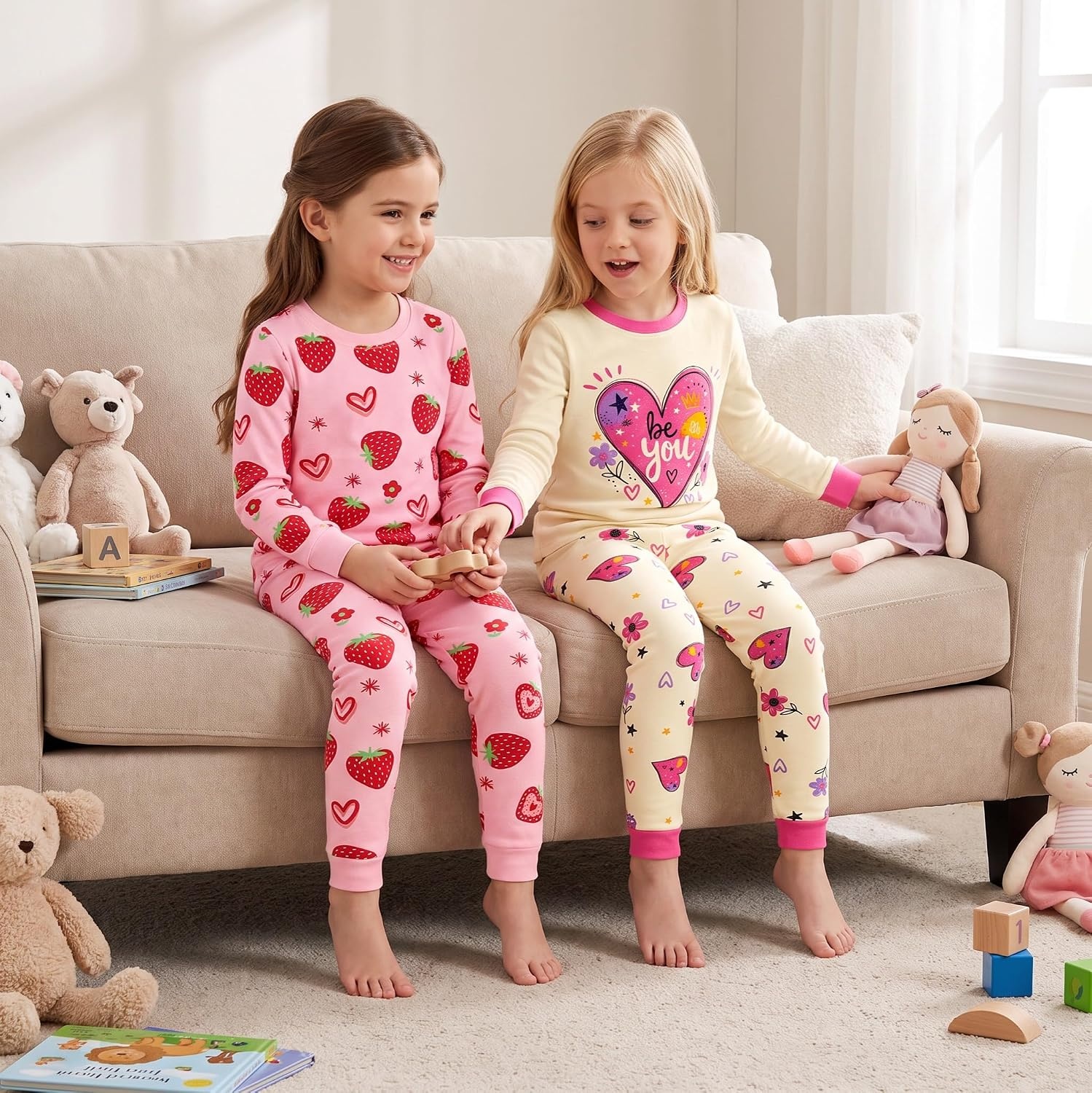 image:imageDAUGHTER QUEEN Girls 4 Pieces Cotton Pajamas Size 18 Months12 Years4pcsyellowPinkheartStrawberrylga26