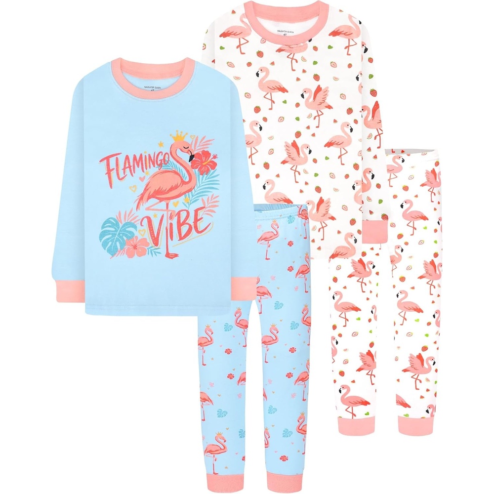 image:imageDAUGHTER QUEEN Girls 4 Pieces Cotton Pajamas Size 18 Months12 Years4pcsblueBeigeflamingolga26