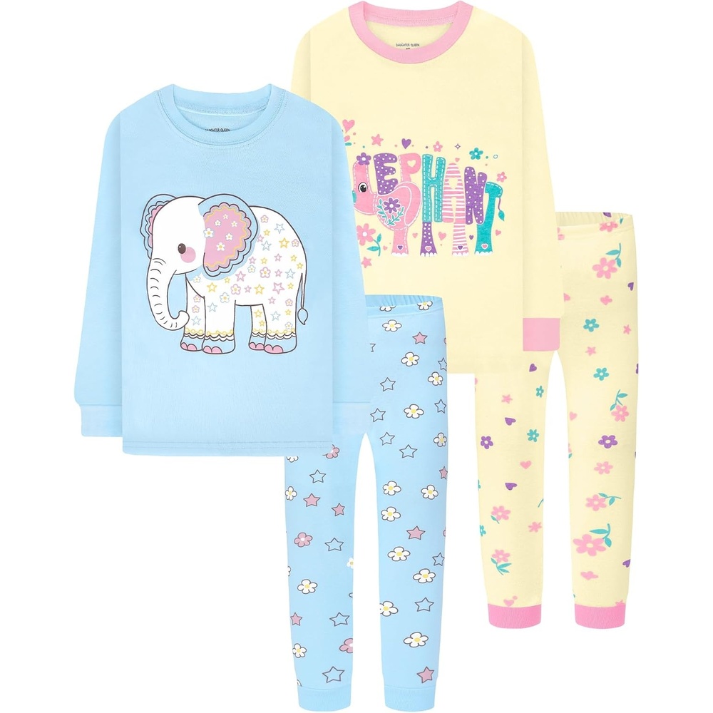 image:imageDAUGHTER QUEEN Girls 4 Pieces Cotton Pajamas Size 18 Months12 Years4pcsblueYellowelephantlga26