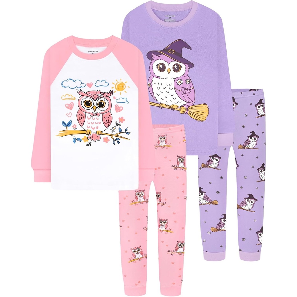 image:imageDAUGHTER QUEEN Girls 4 Pieces Cotton Pajamas Size 18 Months12 Years4pcspinkPurpleowllga26