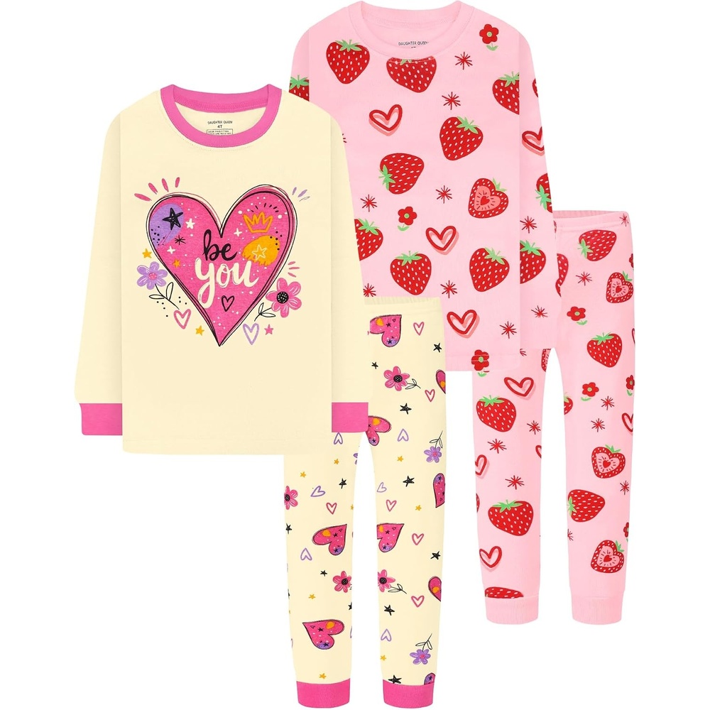 image:imageDAUGHTER QUEEN Girls 4 Pieces Cotton Pajamas Size 18 Months12 Years4pcsyellowPinkheartStrawberrylga26