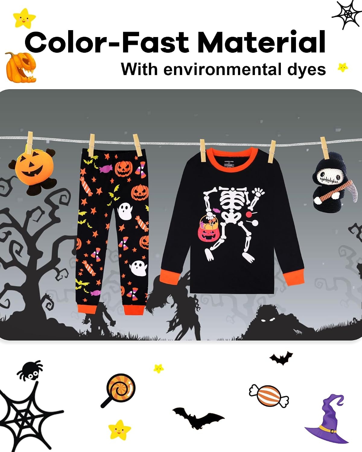 image:imageDAUGHTER QUEEN Boys amp Girls 100 Cotton Halloween amp Christmas PJS 18M12Y2pcsblackGlow in Darkskeletonhba24