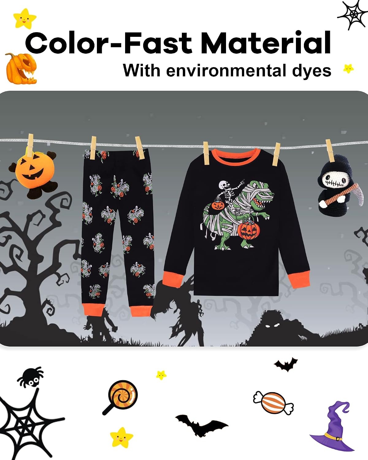 image:imageDAUGHTER QUEEN Boys amp Girls 100 Cotton Halloween amp Christmas PJS 18M12YDinosaurBlackOrangea22
