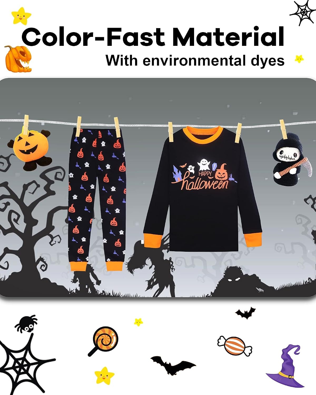 image:imageDAUGHTER QUEEN Boys amp Girls 100 Cotton Halloween amp Christmas PJS 18M12YGoblinBlackOrange