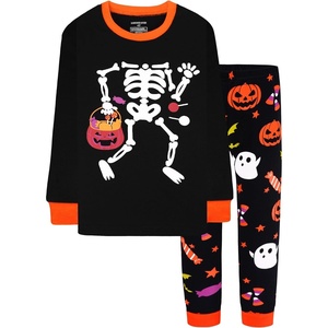DAUGHTER QUEEN Boys & Girls 100% Cotton Halloween & Christmas PJS 18M-12Y(2pcs-black/Glow in Dark-skeleton-hba24)